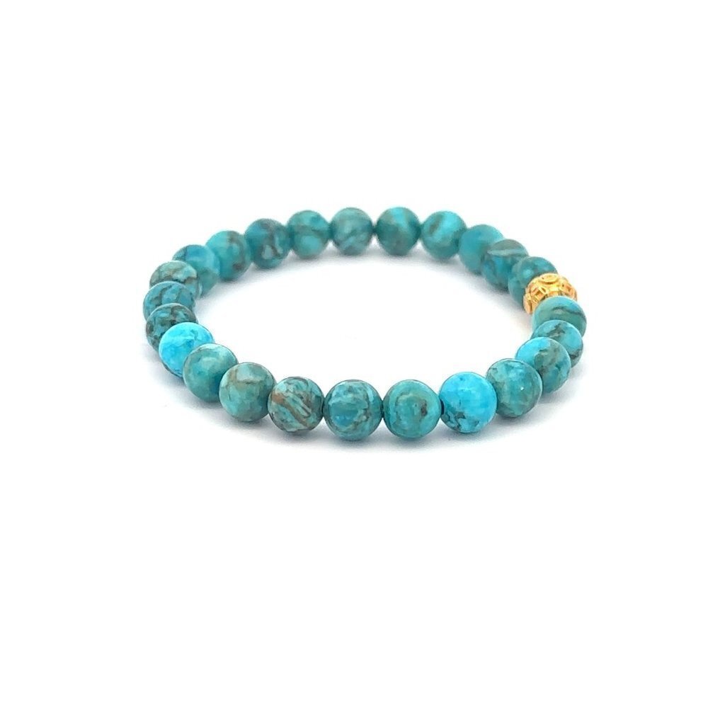 18K Gold Money Ball Lucky Bracelet Gemstones Turquoise 6mm - Picture 5 of 5